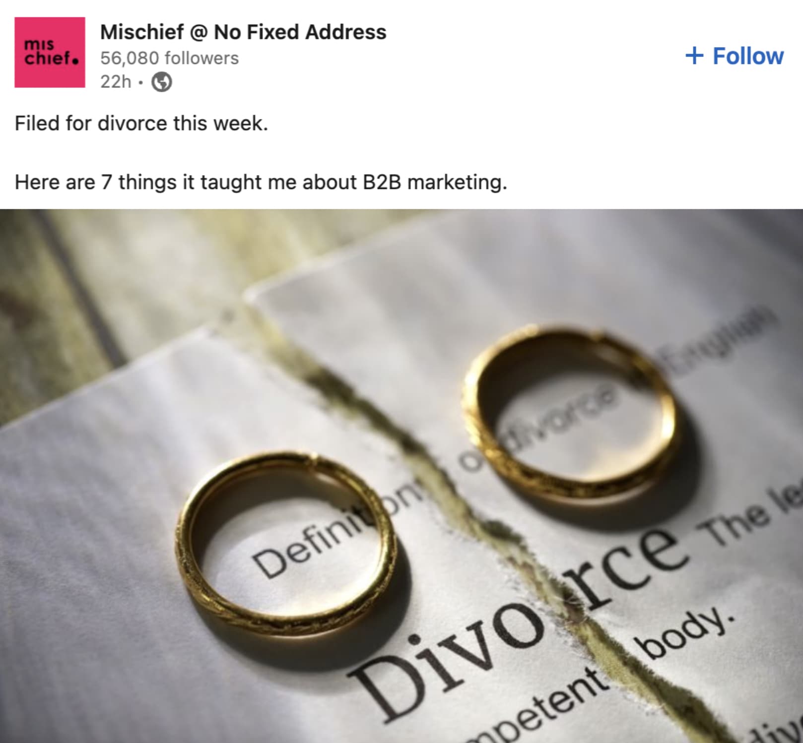 ring - mis Mischief @ No Fixed Address chief. 56,080 ers 22h Filed for divorce this week. Here are 7 things it taught me about B2B marketing. Definition divorce Eng Divorce The le petent body. iv